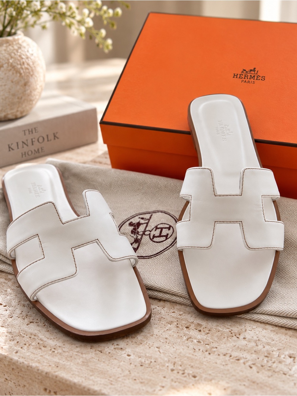 Hermès Oran Sandals White Blanc Leather Size 38 W/ Dust Bags
